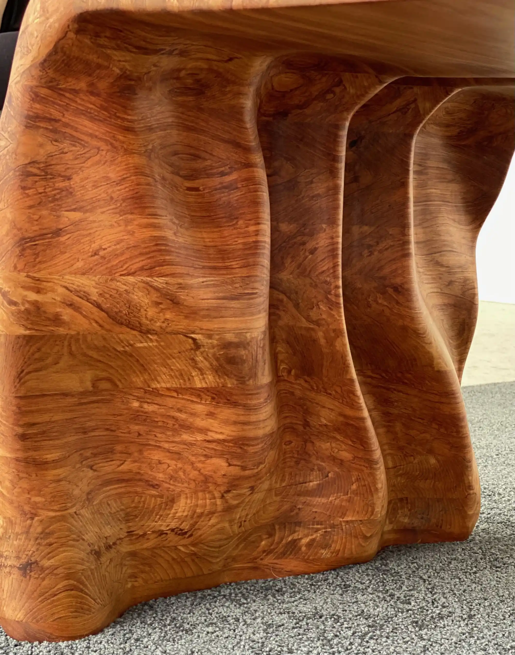 Natural Rimu timber waterfall edge detail on handcrafted coffee table